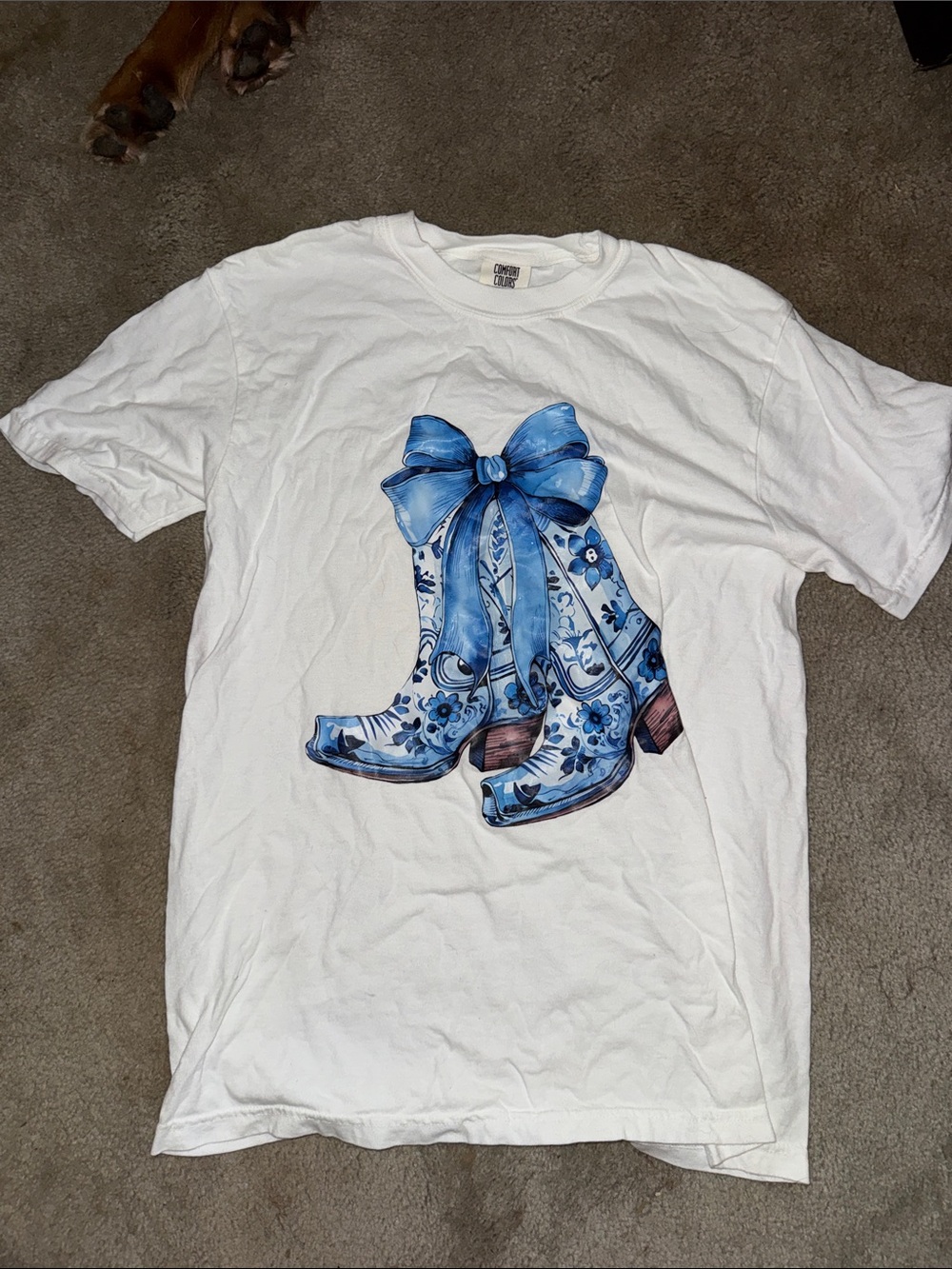 Comfort Colors White Tee with Blue Floral Cowboy Boot Graphic